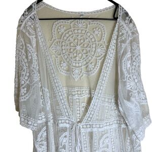 Lovely Womens Large Long White Lace Duster Bohemian Beach Romantic Tie Front